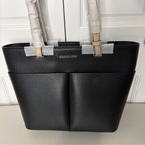 New Michael Kors Black Pebbled Leather Tote Beige Strap Shoulder Bag Purse NWT